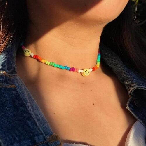 Go2Boho Colorful Beaded Smiley Choker Fashion Rainbow Beads Short Necklace Smile Face Charm Necklaces For Women Party Jewelry