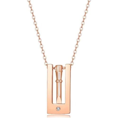 Stainless Steel Rose Gold Rotary Screw Driver Crystal Stone Pendant Necklace Rectangle Jewelry Gift For Women