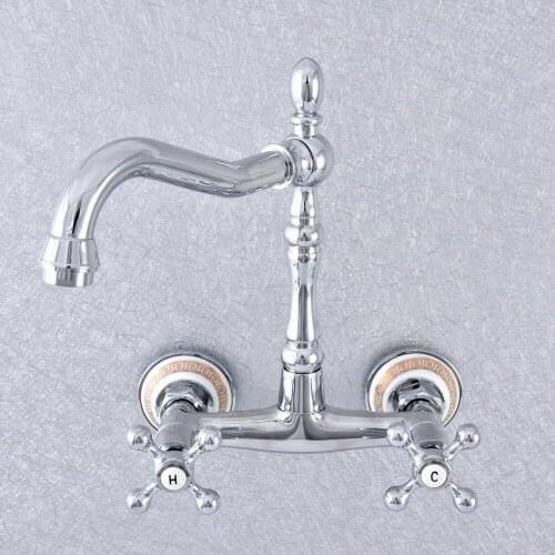 Polished Chrome Brass Ceramic Base Wall Mounted Bathroom Kitchen Sink Faucet Swivel Spout Mixer Tap Dual Cross Handles msf782