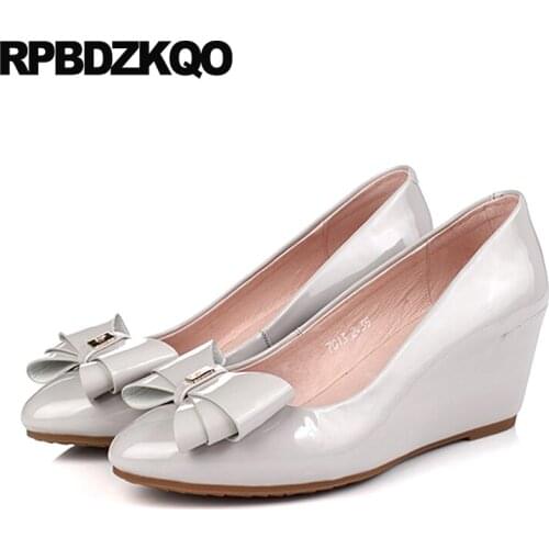 Size 4 34 White Pink 2018 Cute Bow Pointed Toe Sweet Gray China Women Patent Leather Pumps Bridal High Heels Wedge Wedding Shoes