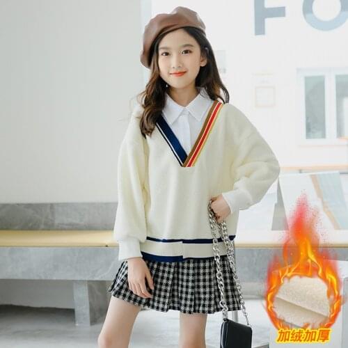 Fur Hoodies Teenage Girls Clothing Sets Kids 2 Pcs Preppy Style Fleece Sweatshirts & Plaid Skirts Suit Teen Toddler Girl Clothes