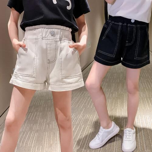 Teen Girls Vintage Shorts With Pockets Black White Color Denim Cotton Summer Korean Casual Style Childrens Clothes 6 8 10 12Yrs