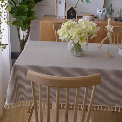 Table Cloth Simple Stripe Printing Cotton Linen Table Cloth Japanese Tassel Table Cover Tablecloth Rectangular Fashion elegant