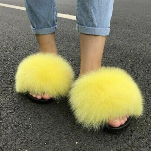 New Real Fox Fur Slides Black Fluffy Fur Slippers Women Brand Luxury Plush Furry Sandals Soft Flat Flip Flops Fuzzy Slides