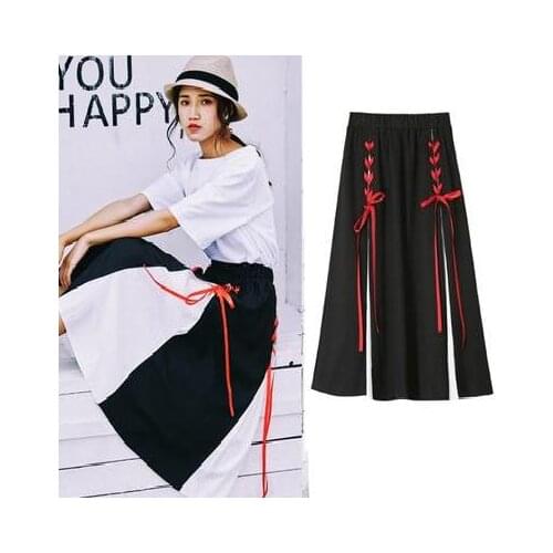 Black White Pleated Skirt Chiffon Knee-length Women High Waist Lace Up Pleated Skirt Summer A- Line Casual Skirt For Women SK019