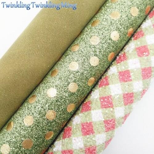 GREEN Glitter Fabric, Plaids Glitter Leather Sheets, Suede Glitter Faux Leather Fabric For Bow A4 8"x11" Twinkling Ming XM300