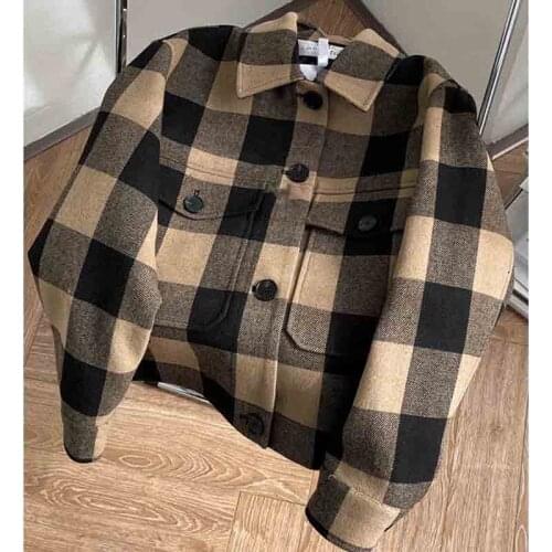 Women Winter 2021 Autumn Jacket Wool Khaki Black Plaid Turn-Down Collar Vintage Elegant Short Coat Womens Outwear