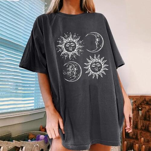 Vintage Sun And Moon Print Pattern Women Tshirt New Casual Vintage T Shirt For Lady Top Tee Woman Summer T-Shirt 2021 футболка