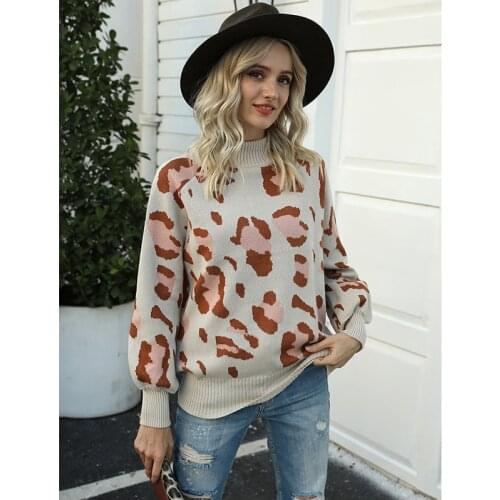 Women Retro Leopard Printing Turtleneck Sweater Fashion Casual Knitted Long Sleeves Sweaters Pullover Tops Ladies Clothes