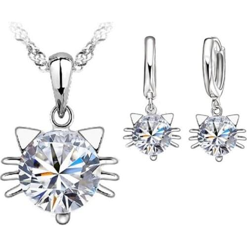 Round Cubic Zirconia Cat Shape Pendant 925 Sterling Silver Jewelry Sets for Women Girls Party Necklace Earrings
