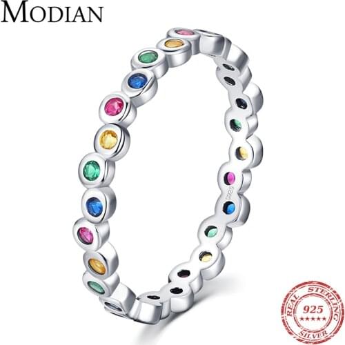 Modian 925 Sterling Silver Fashion Rainbow Colorful Zirconia Finger Ring For Women Luxury Sparkling CZ Fine Jewelry Gift Anillo