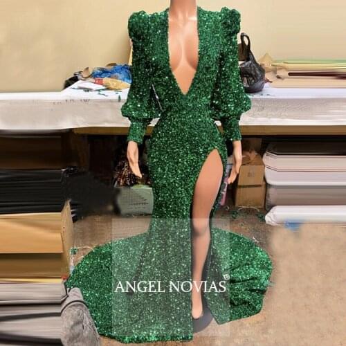 Long Sleeves Green Lace Mermaid Lace Prom Dresses 2020 with Split Sexy Evening Dresses 2019 Deep V Robe De Soiree For Black Girl