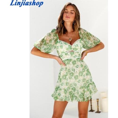 Summer Green Floral Print Hollow Out Vestido Vintage Ruffles Dresses Fashion Back Tie Bandage Women Mini Dress