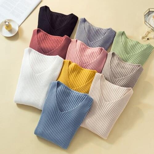 2020 V-neck Solid Autumn Winter Sweater Women Pullover Female Knitted Sweater Slim Long Sleeve Badycon Sweater Cheap Tops