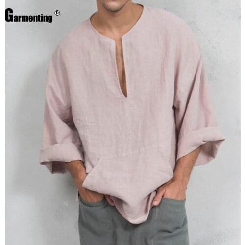 2021 Plus Size 3xl Men Fashion T-shirt Cotton Linen Shirt Summer Loose Casual Tops Pullovers Sexy V-neck Male Shirt White Black