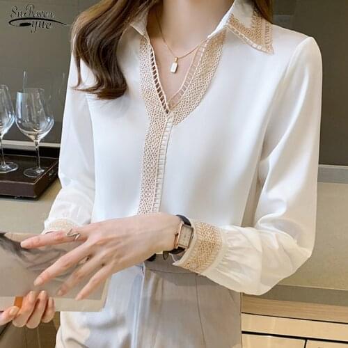 Casual Satin Silk Chiffon Women Shirts Embroidery Turn Down Collar Blouse Women Long Sleeve White Women Tops Chemise Femme 15939