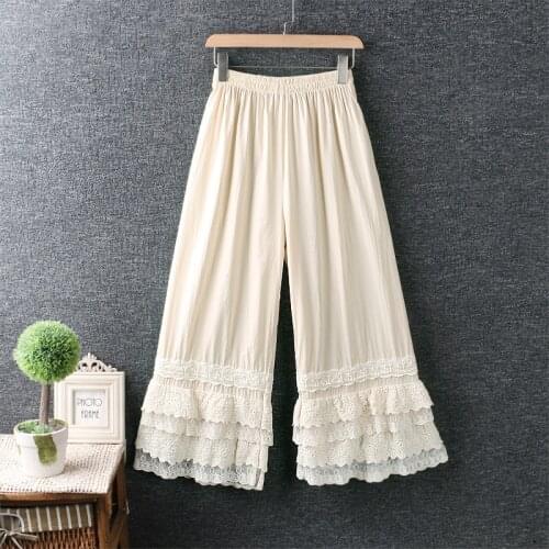 New Spring Summer Women Loose Pants Literary Fresh Elastic Waist Cotton linen Lace Wide Leg Pants