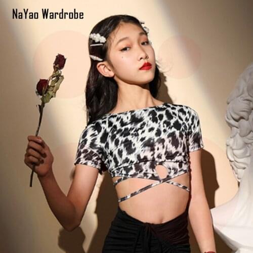 G1175 Striped Back Kids Latin Dance T shirt Leopard Design Girl Latin Dancing Clothes Belly Ballroom Tango Dresses