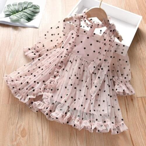 2019 Girls Pincess Dresses Kids Mesh Dots Long Sleeve Dresses Children Lace Cute Dress for Baby Clothes