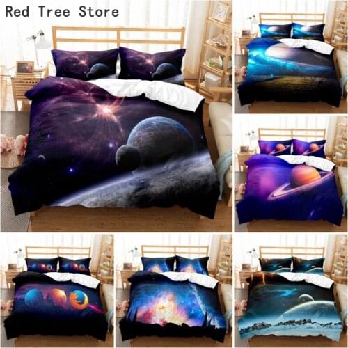 Starry Sky Space Bedding Comforter Cover Set Queen King Size Galaxy Planet Printed Duvet Cover Teens Kids Boy Microfiber Quilt