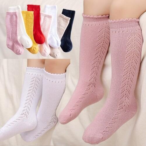 Cotton Newborn Baby Girls Knee Length Socks Solid Hollow Breathable Princess Long Stockings Medium Kids Tube Knee High