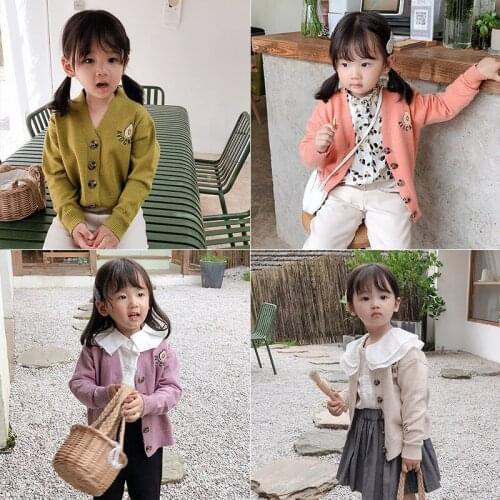 Cute Avocado Embroidery Girls Sweaters 4 Colors Kids Knitted Cardigans Autumn Casual V-neck Children Outwear Clothing 2-7T