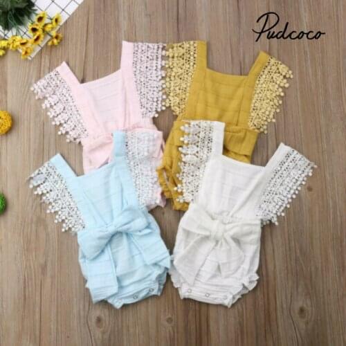 4 Color Cute Baby Girl Lace Solid Color Romper Jumpsuit Outfits Sunsuit for Newborn Infant Children Bowknot Clothes Kid Clothing