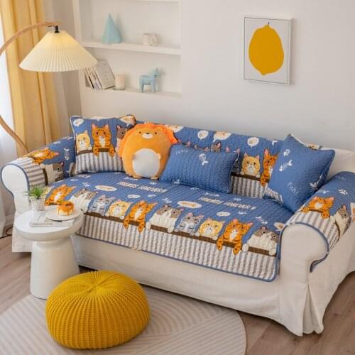 Cartoon Sofa Cover Four Seasons Universal Non-Slip Cotton Fashion Cute Cats Sofa Cushions Corner Sofa Towel For Living Room
