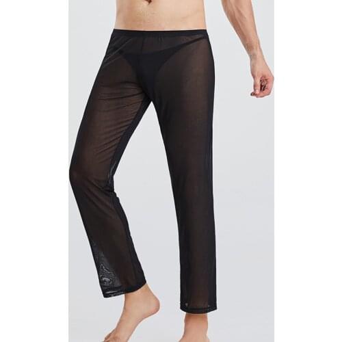 Mens Sexy Trousers Sexy Mesh Transparent Sleep Bottoms Casual Loose Lounge Pants Fishnet Sheer Slip Sexi Pajama Male Sleepwear