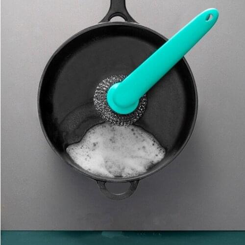 New Dishwashing Brush Hanging Long Handle Steel Ball Brush Kitchen Pot Bowl Cleaning Brush Steel Wire Pot Brush ( Green & White)