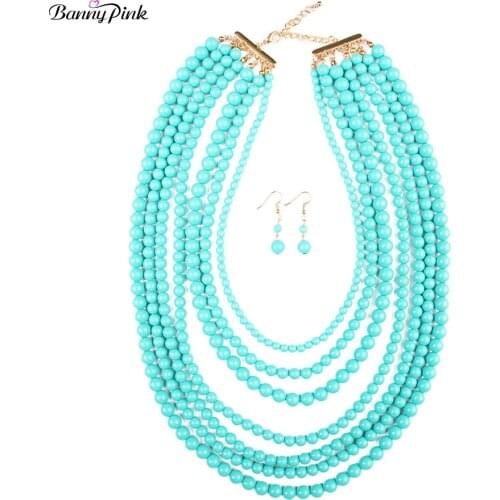 Banny Pink Handmade Beads Strands Rows Necklace Earrings For Women Chunky Beads Statement Necklaces Fashion Jewerly Set Collier