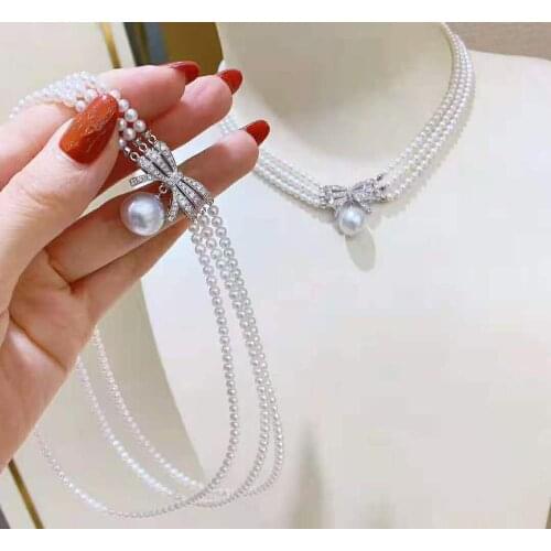Hand knotted 3 rows 40-43cm white nearly round freshwater pearl bowknot micro inlay zircon necklace nechlace