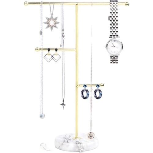 Nordic Jewelry Stand with Marble Base Necklace Display Holder Rack T-Bar Metal Hanging Pendant Earrings Organizer Tree