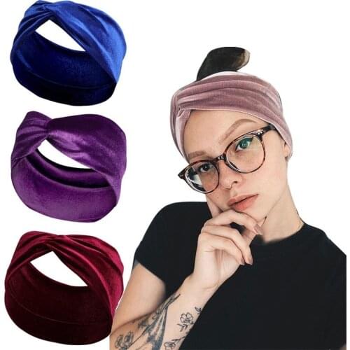 Gold Velvet Headband Bright Solid Color Versatile Cross Knot Bow Headwear Hair Accessories for Women Wide Hairband Turban