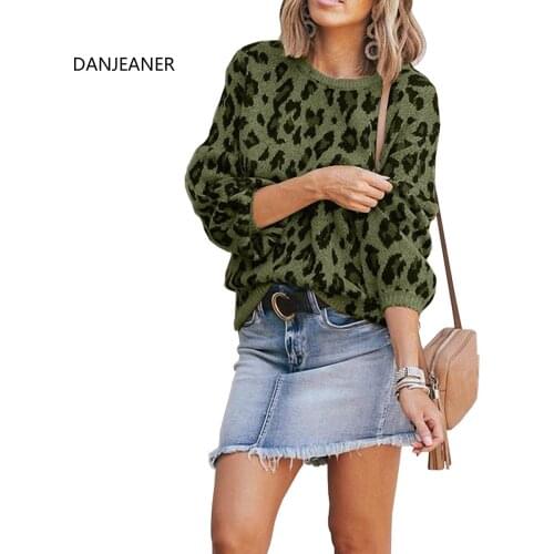 DANJEANER Fashion Camouflage Leropard Knitted Pullovers Women Autumn Winter Lantern Sleeve O Neck Sweaters Knitting Jumpers Tops