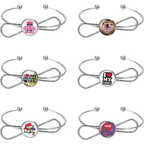 Family Mom Dad Sister photo glass cabochon bangle Bow style silver color/golden Cuff bracelet jewelry Mothers Day gift ZB0420