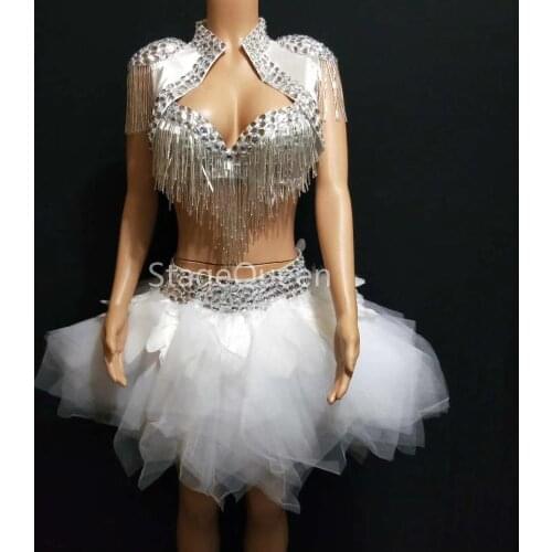 Silver Rhinestones Coat Bra Skirt Tutu Three-piece Set Prom Party Stage Wear Female Singer Dance Show Costume White Outfit Sets