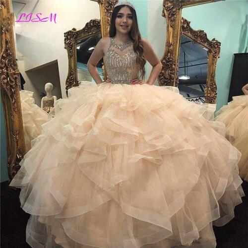 Champagne O-Neck Sleeveless Princess Ball Gown Quinceanera Dresses Beaded Crystals Tulle Ruffles Sweet 16 Prom Party Dress