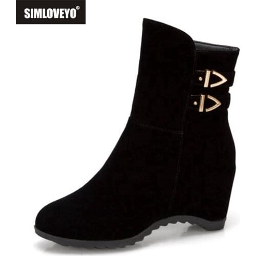SIMLOVEYO Women Boots Wedges Round toe Buckle Flock Ankle boots for women Zipper Solid Female mujer Casual Sweet Increased S2400