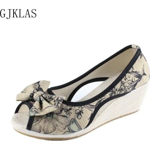 Bow Canvas Slip on Wedges Shoes for Women Oxford Ethnic Style Breathable Casual Shoes Outdoor Light Weight Loafers Canvas Loafer