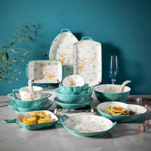 Creative cartoon hand-painted tableware set household ceramic plate rice bowl noodle bowl soup bowl couple little fresh Swan