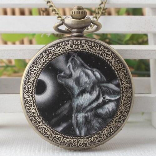Vintage quartz Wolf figure enamel pattern Modern hours pendant steampunk Necklace pocket watches gift PM252