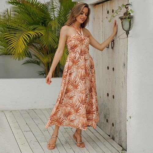 Halter Neck Summer Dress Strapless Leaves Printed Sleeveless Big Swing Beach Dress High Waist Long Maxi Dresses for Women TJR042
