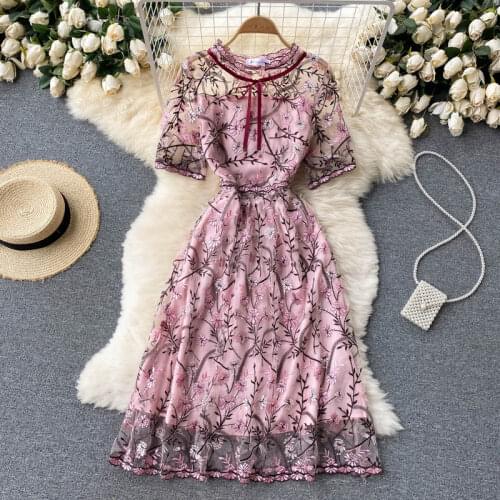 2021 Fashion Runway Summer Flower Dress Womens Flare Sleeve Bow Collar Floral Embroidery Elegant Mesh Hollow Out Midi Vestidos