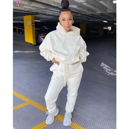 Winter Oversize Two Piece Set Women Fleece Long Sleeve Top Hoodie Sweatshirts Sweatpants Pants Jogging Femme Hoodies Tracksuits