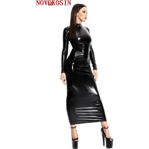 2018 XL Steampunk Dance Costumes Back Open Dress Black Wet look Faux Leather Women Sexy Backless Long Sleeves Gown Club Wear