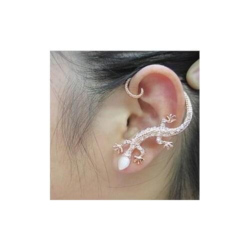 2021 Fashion Rhinestone Ear Cuff Earrings,luxury Elegant Rose Gold Color Exaggerated Gecko Lizards Earrings