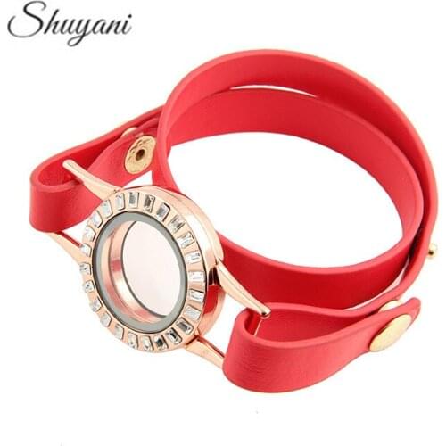 5pcs/lot 3 Color Zinc Alloy Rhinestone Round Living Memory Charm Locket Bracelet Leather Wrap Glass Locket Bracelet Bangle