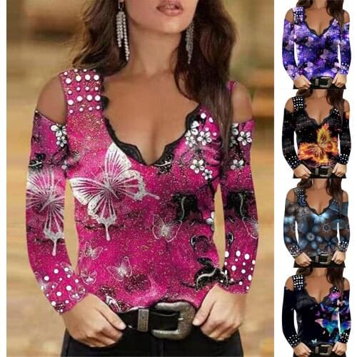 Cold Shoulder Shirts Floral Print Blouse Women Long Sleeve Sexy V-neck Lace Blouses Elegant Fashion Blouse Top Blouses Blusas