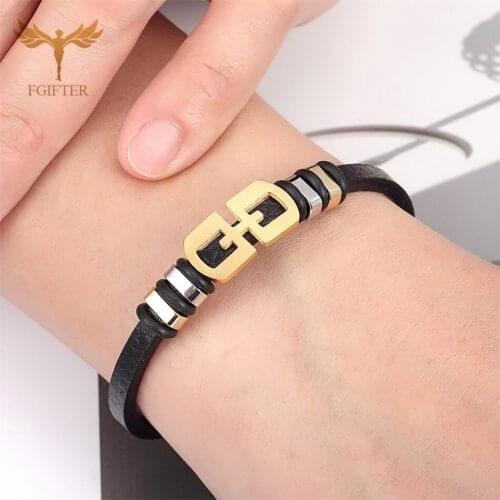 OL Geometric Leather Cuff Bracelets Stainless Steel Jewelry Accessories for Women Men Fashion Jewelry 2021